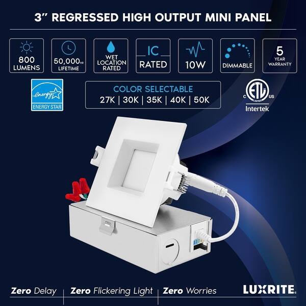 Luxrite 3" Square LED Recessed Ceiling Light JBox 10W 5 Color